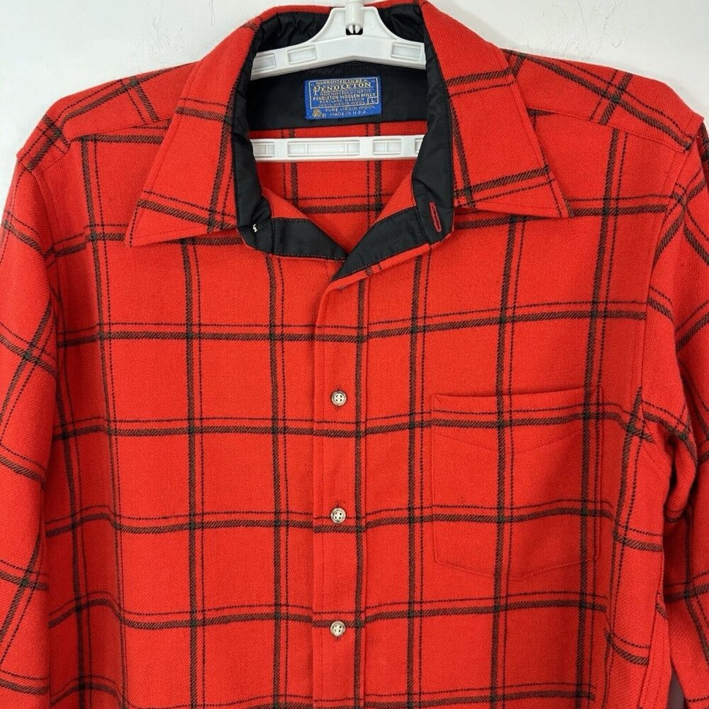 Vtg Pendleton The Fireside Shirt Wool Red Black Plaid Long Sleeve Pocket Large